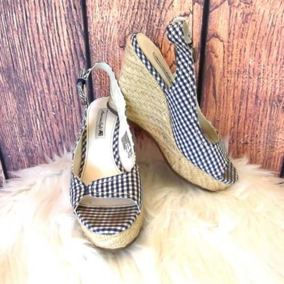 American Eagle By Payless Shoes - American Eagle Blue & White Gingham Wedges 6.5